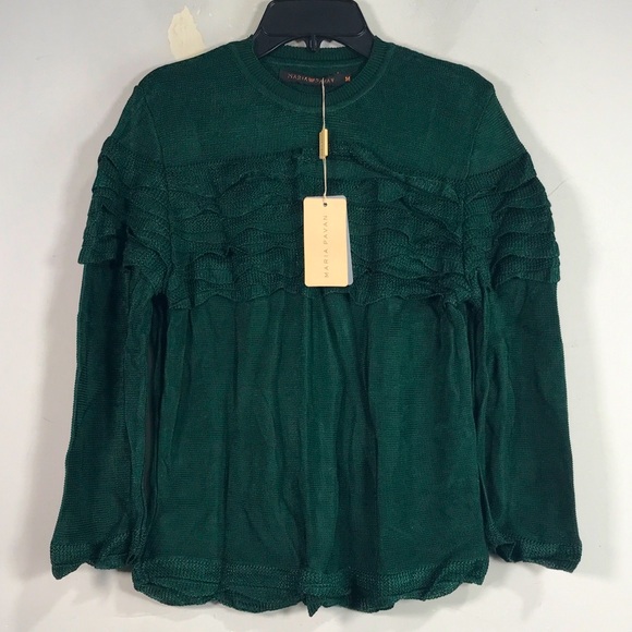 Maria Pavan Long Sleeve Ruffle Accent Blouse, Women's Size M - Dark Green - Picture 1 of 10